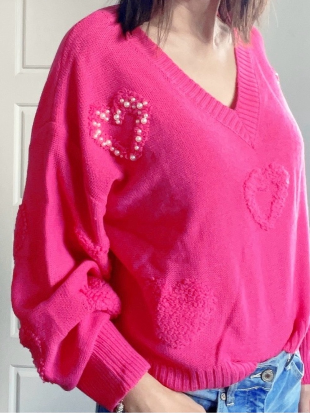 07 Cozy Heart V neck Vday oversized Sweater Top - Picture 6 of 8